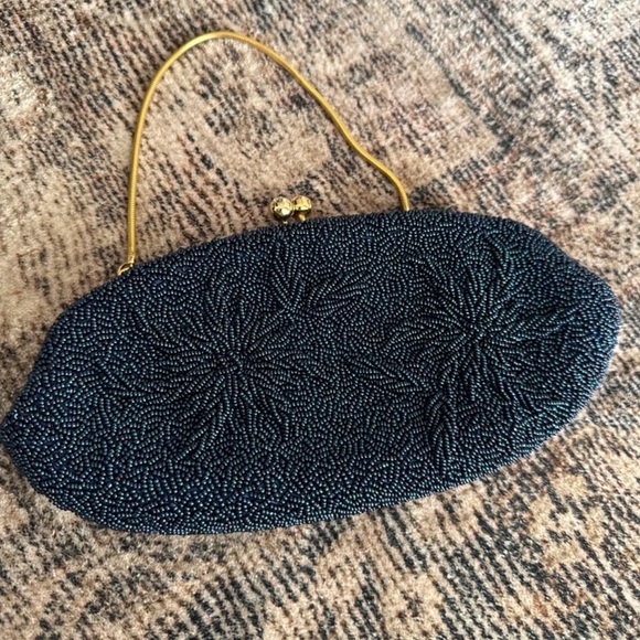 Vintage Blue beaded Floral design Gold chain Clutch Purse - Picture 3 of 12